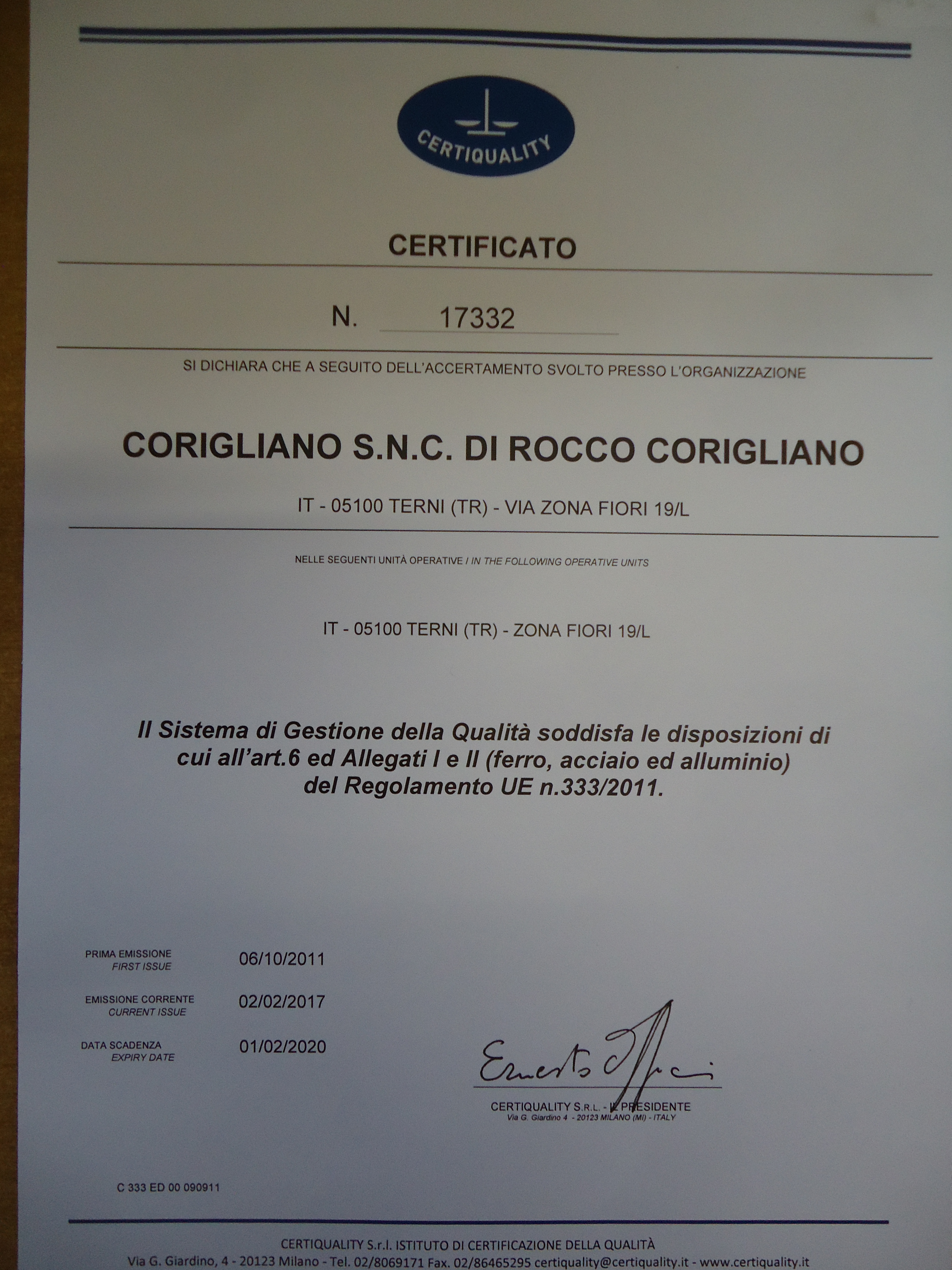 CERTIFICATO_REG333 CERTIFICATO_REG333