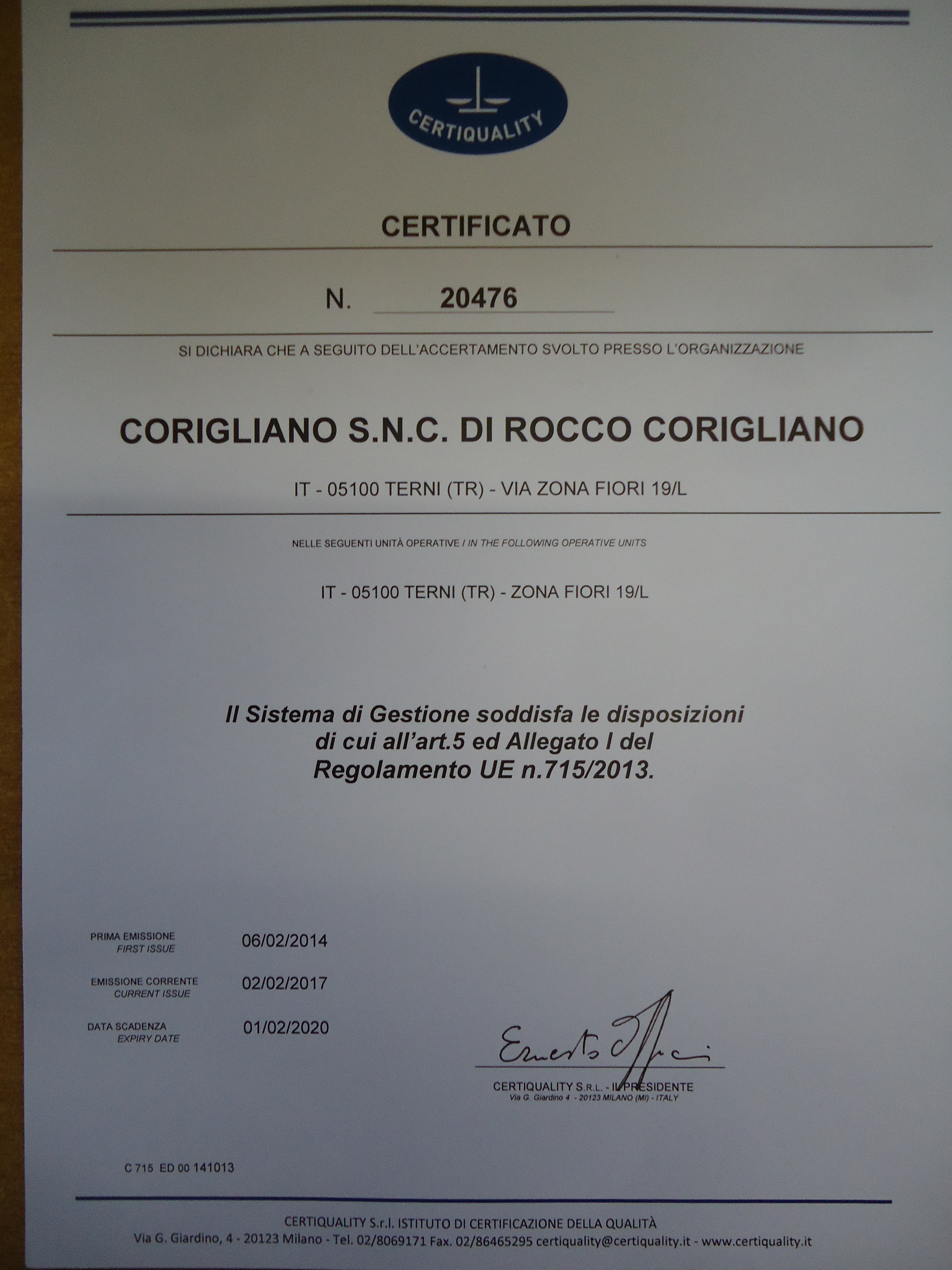 CERTIFICATO_REG715 CERTIFICATO_REG715